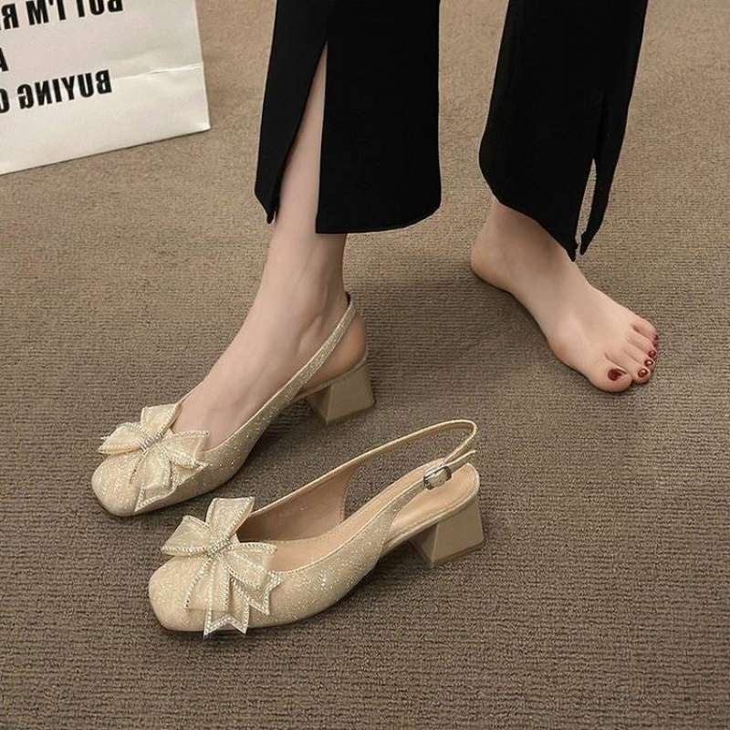Square head bow single shoes women's shoes spring and summer 2025 new fairy versatile gentle bag head sandals
