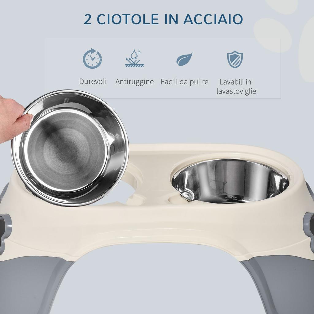 Double Raised Dog Bowl In Stainless Steel and Plastic with Non-Slip Feet, 47x25x20cm, White and Grey