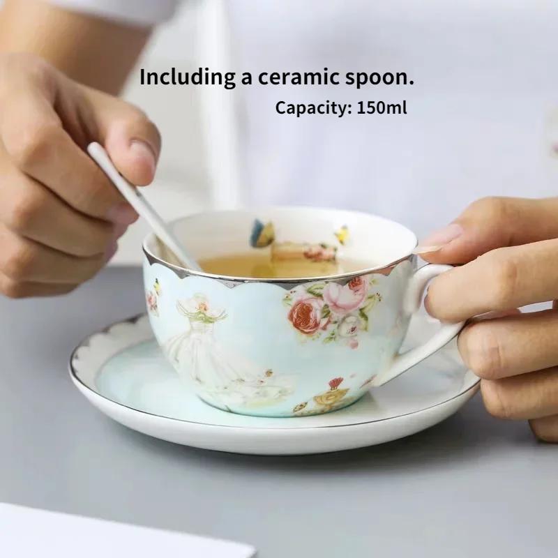 Romantic European Coffee Cup Saucer Set, Creative Ceramic Cup, Advanced Valentine Flower Tea Teacup Gift, Porcelain Drinkware