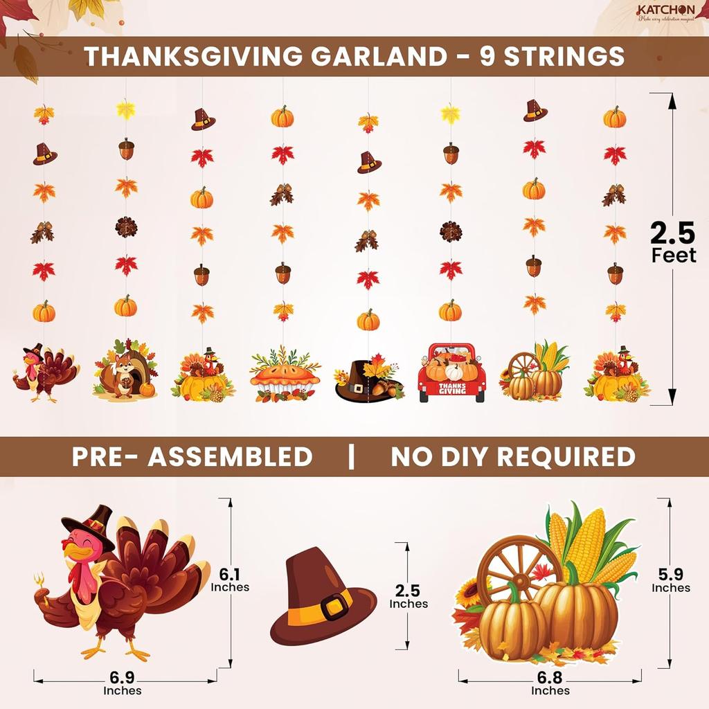 KatchOn, Happy Thanksgiving Hanging Garland - Pack of 8 | Fall Party Decorations, Thanksgiving Garland Ceiling Wall Hanging Decor for Home,