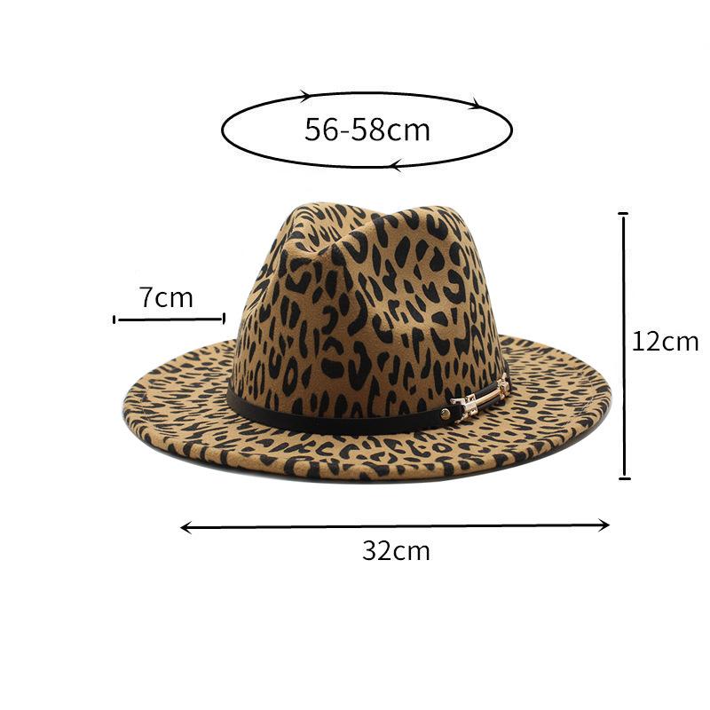 Leopard Print Woolen Top Hat Men'S And Women'S Flat-Brimmed Big Eaves Hat Belt Decorative Couple Hat Lady Jazz Hat Jz-009