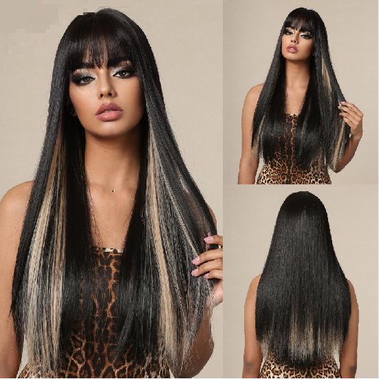 Women s Full Wig, Brown Gradient Golden Long Straight Hair with Air Bangs lc1053-3A