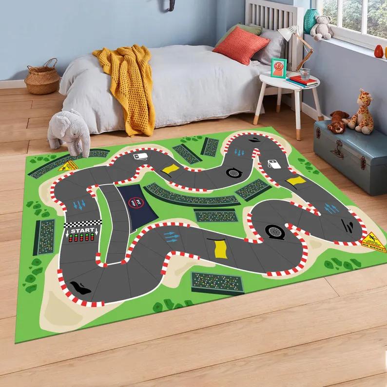 Kids Racing Car Track Circuit Carpet Mat Rug Toy Car Playmat Home Decoration Floor Rugs for Living Room Bedroom Playroom