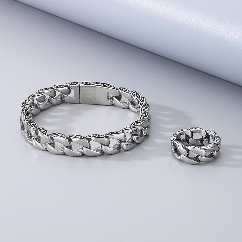 Stainless Steel Men s Ring and Cuban Chain Stainless Steel Bracelet Chain Set bracelet&9# серебряный