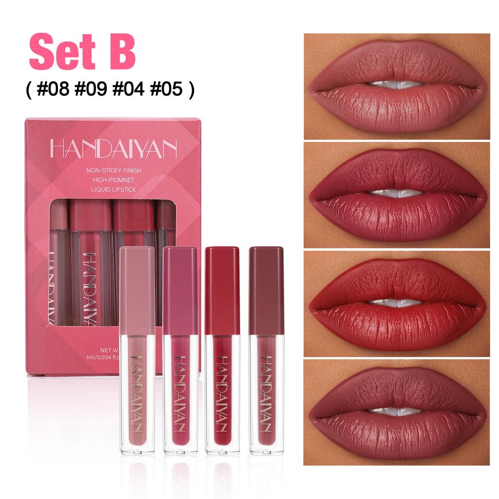 HANDAIYAN 4 Matte Velvet Lip Glaze Set Einfache Farbe Langanhaltend Wasserdicht Schweißfest Nicht-Klebendes Lip Glaze Set