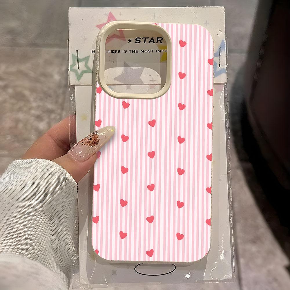 Pink Love Heart Stripe Pattern Phone Case For IPhone 17 16 15 14 13 12 11 Pro Max 15 Plus 17Air 16E Lychee Silicone Soft Cover