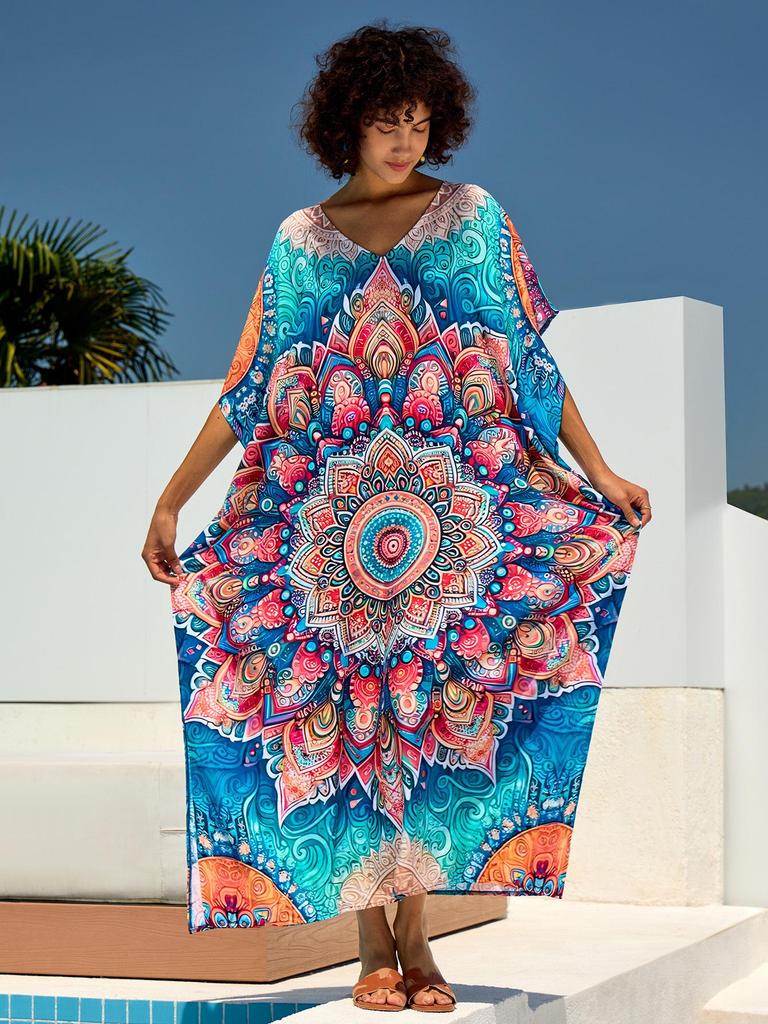 European & American Cotton Print Beach Cover-Up Long Dress - Plus Size Swimsuit Sunscreen Robe