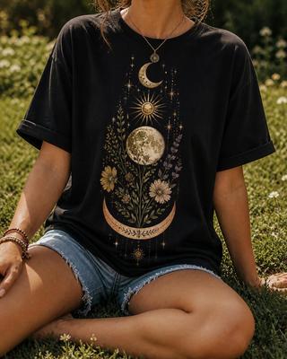 Boho Celestial Floral Graphic Tee, Moon Sun Nature Shirt, Cotton Top