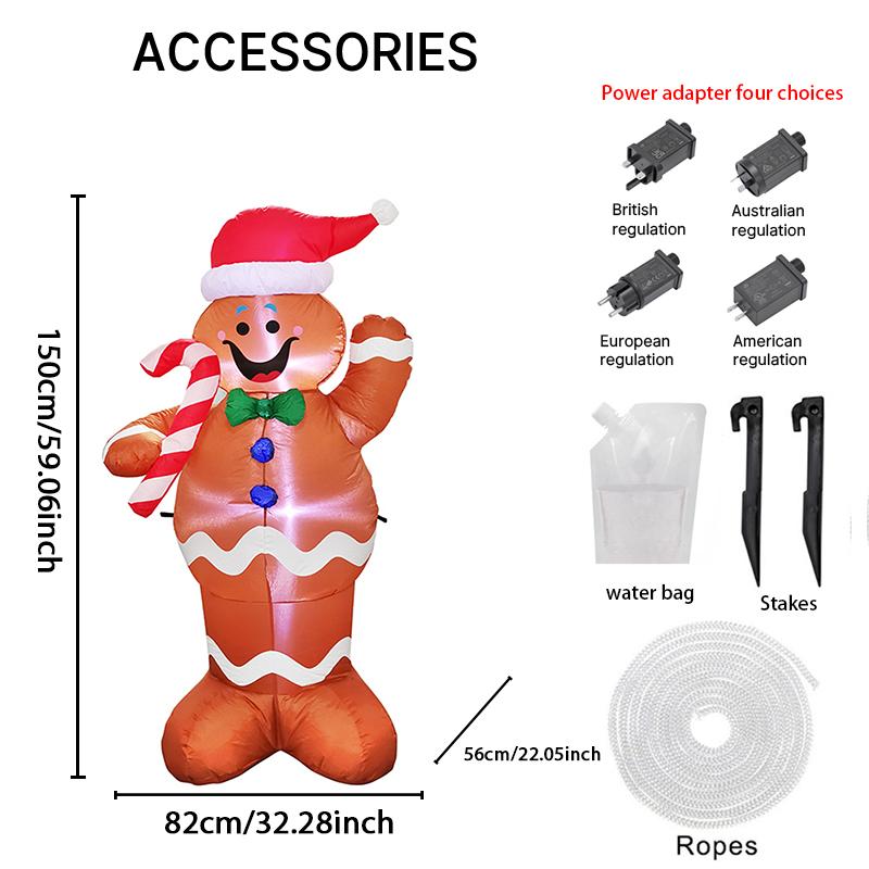 4.9FT LED Inflatable Xmas Yard Decor Gingerbread Man with Candy Cane Outdoor Lawn Garden Supplies Home Decor Ornaments Toy Gifts