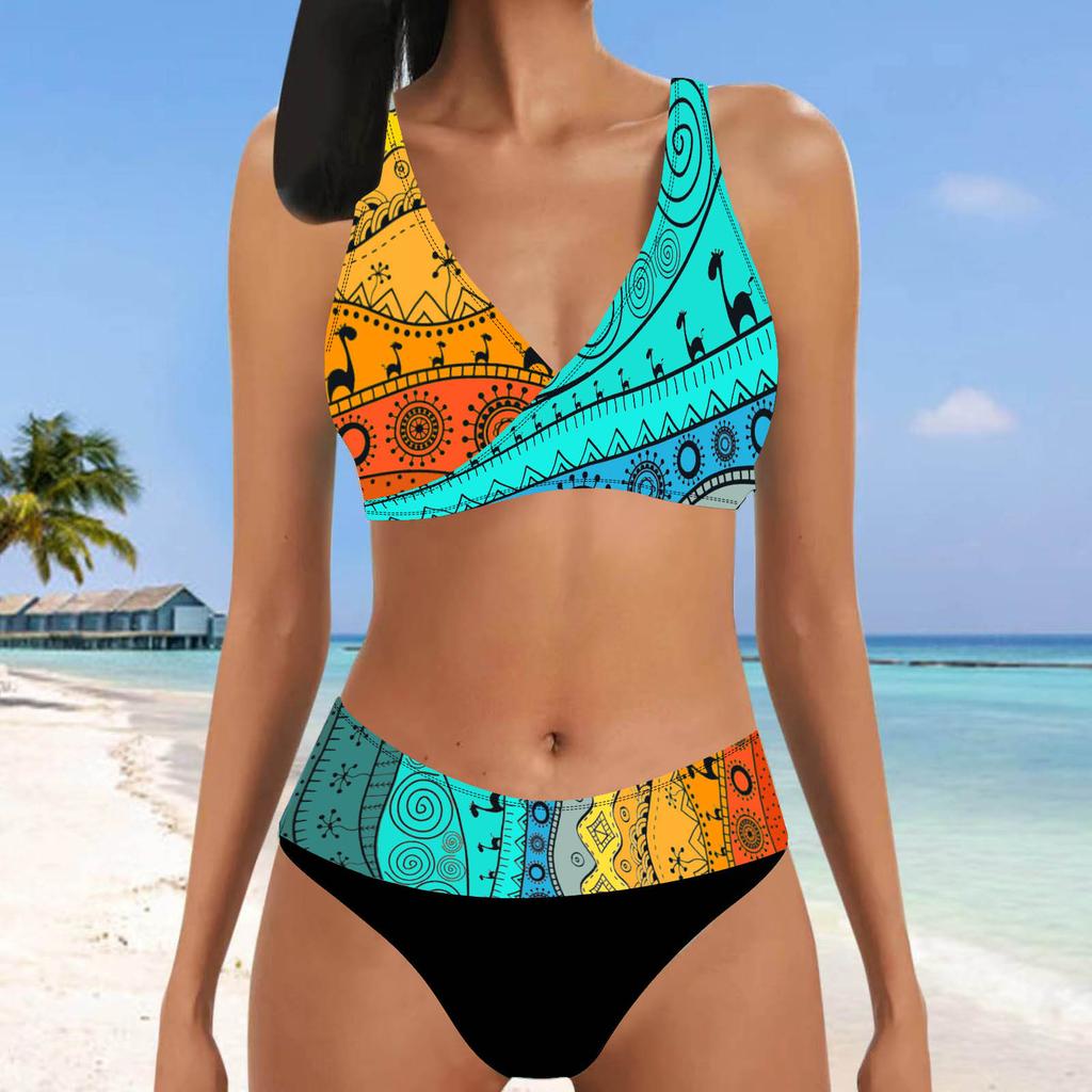 Dámské plavky s kontrolou bříška, sexy plavky s vysokým pasem, potištěné, s výstřihem do V, barevný blok, plážové bikiny, dvoudílné plavky pro dospívající dívky