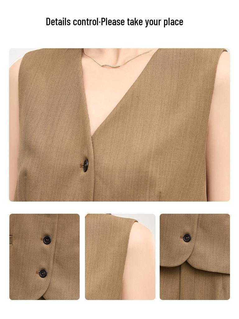 Women's Fashion Khaki V-Neck Vest Waistcoat for Spring & Autumn - Casual Professional Commute Style