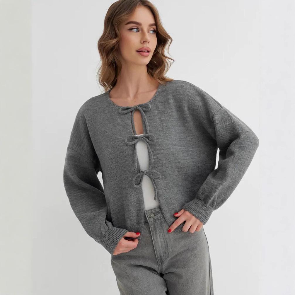 2025 Autumn/Winter European and American Women's Casual Loose Cardigan Tie Solid Color Knitted Sweater