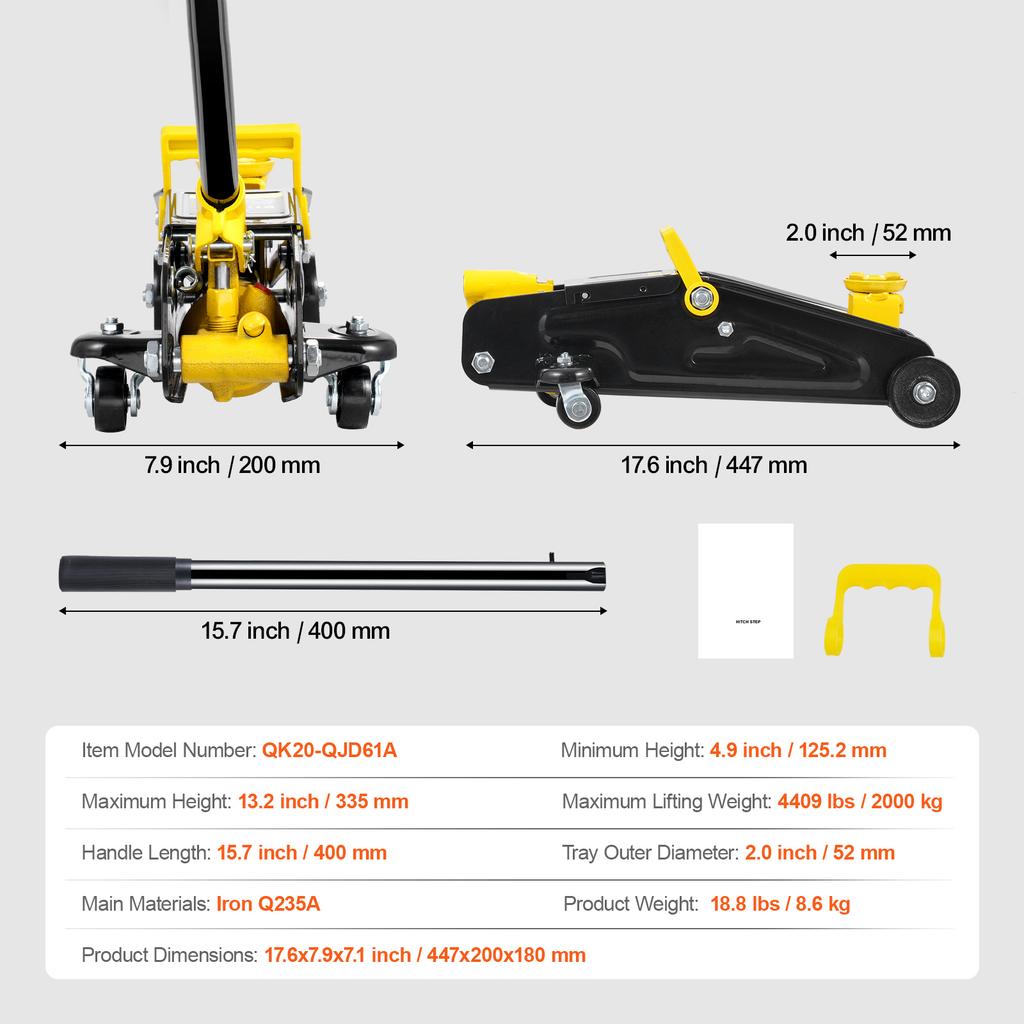 SucceBuy Low Profile Floor Jack 2T Heavy Duty Iron Hydraulic Racing Floor Jack Hydraulic Car Jack, Single Piston Quick Lift Pump