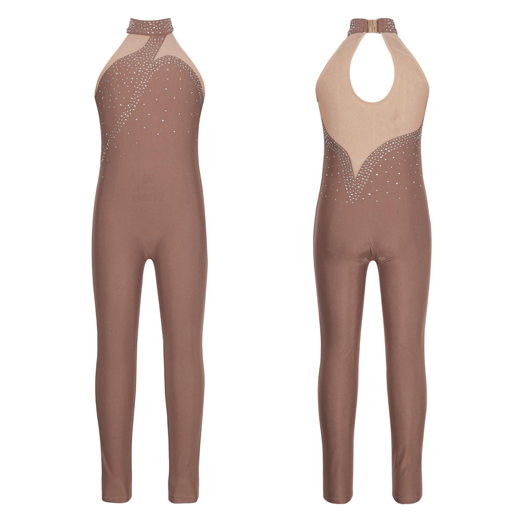 

Детский комбинезон без рукавов с блестящими стразами для фигурного катания, комбинезон для гимнастики, танцев, боди 5-6 Years коричневый