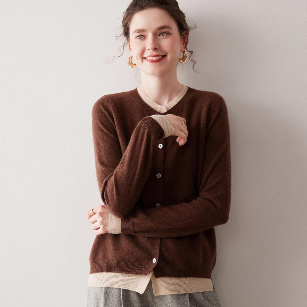 2025 Autumn/Winter Cashmere Color Block Two-Piece Knit Cardigan – Elegant Campus Style Sweater Top