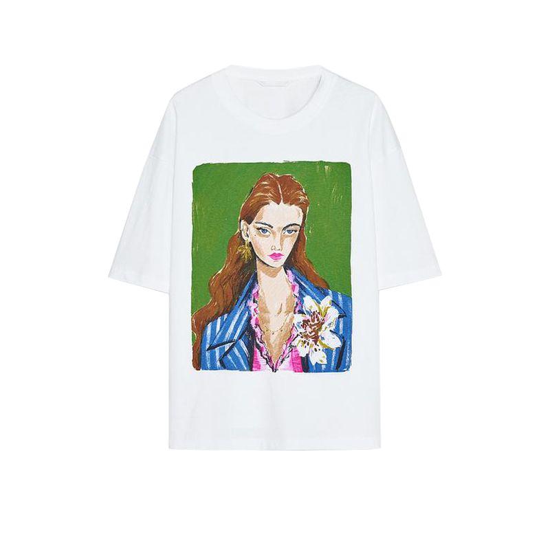 Spring and Summer Women's Clothing French Style Silm Straight-leg Contrast Color Girls' Print Cotton Round Neck Short Sleeve T-shirt 5644188