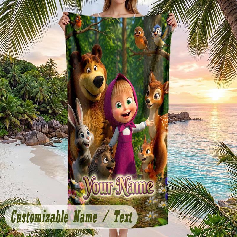 Masha and the Bear Beach Towel, Personalized Custom Text, Quick Dry Soft Large Towel For Swimming Pool Travel