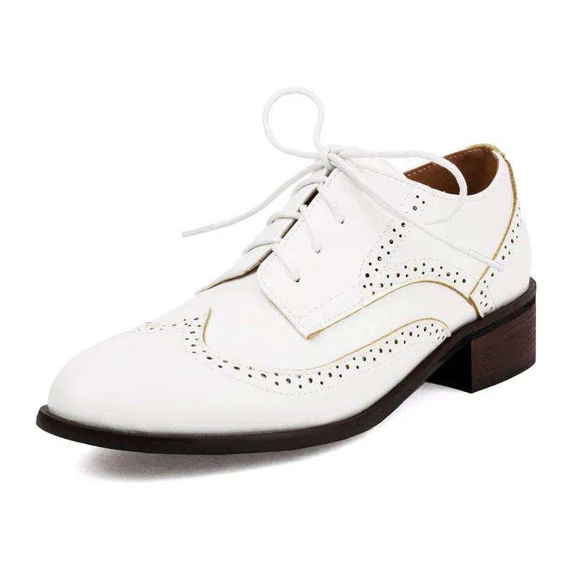 British Women Derbies Spring Autumn Mid Heel Oxfords White Yellow Brown Mixed Color Medallion Vintage Round Toe Lace Up Brogues