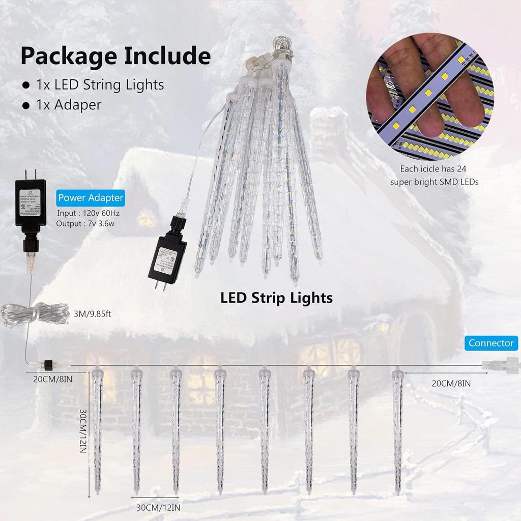 WATERGLIDE Meteor Shower Lights, 11" Outdoor Christmas Lights 10 Icicles 240 SMD LED Crystal Ice Falling Light, Connectable Raindrop Iciclelights,