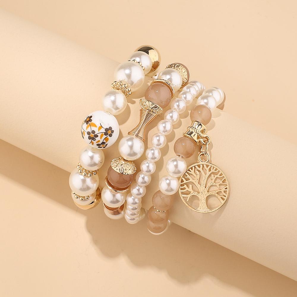 Bohemian Pearl Beads Chain Bracelet Set For Women Tree of Life Starfish Charm Elastic Bangle Female Party Jewelry Accessories