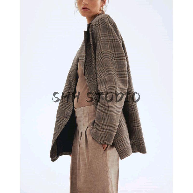 New Fall Women's Clothing Work Clothing Flat Lapel Collar V-neck Single Breasted Linen Blend Casual Suit 1293033