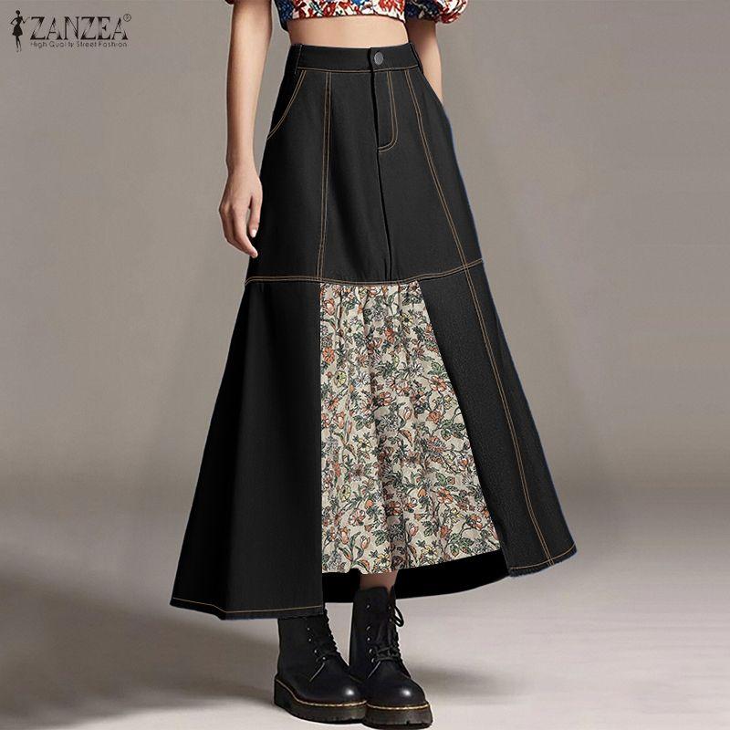 ZANZEA Women Print Patchwork Loose Casual A-line Long Skirts