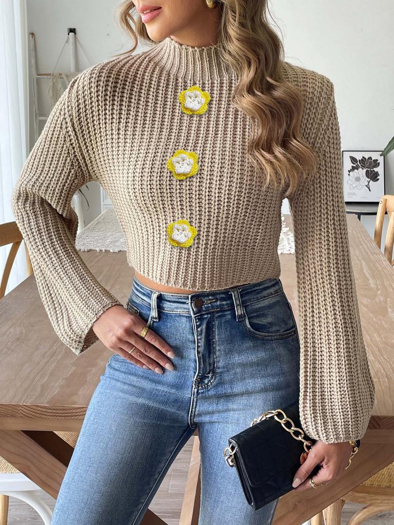 Women's Short Open-button Top, Hand-crocheted Pearl Beads, European and American New Horn-sleeved Semi-turtleneck Sweater