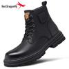 Red Dragonfly Men's Winter High-Top Martin Boots, Genuine Leather, British Style, Mid-Top, Velvet-Lined.