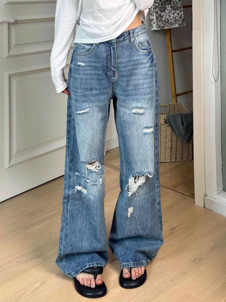 Plus Size Women's High-Waist Ripped Straight-Leg Jeans 2025 - Stylish Washed Wide-Leg Pants