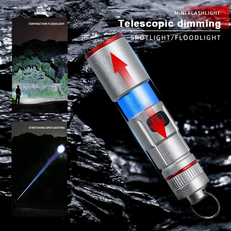 Leistungsstarke Mini-LED-Taschenlampe Taschenformat Aluminiumlegierung Kleine Taschenlampe Eingebauter Akku Typ-C Wiederaufladbar Notbeleuchtung Laterne