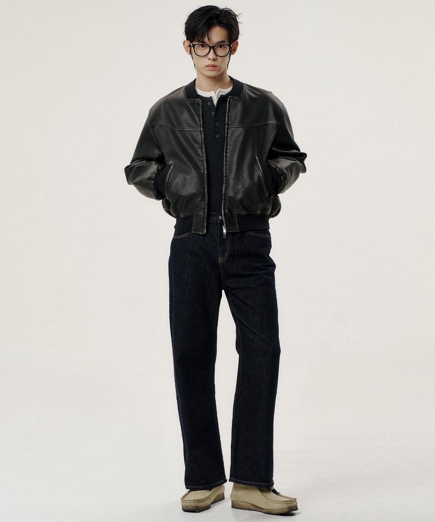 Noise Vintage Leather Stadium Bomber Jacket - Black