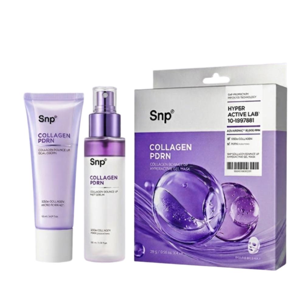 Snp Collagen Bounce Up 3-Piece Skincare Set Dual Cream 60ml and Serum Mist 100ml and Gel Mask 28g Firming and Elasticity Routine