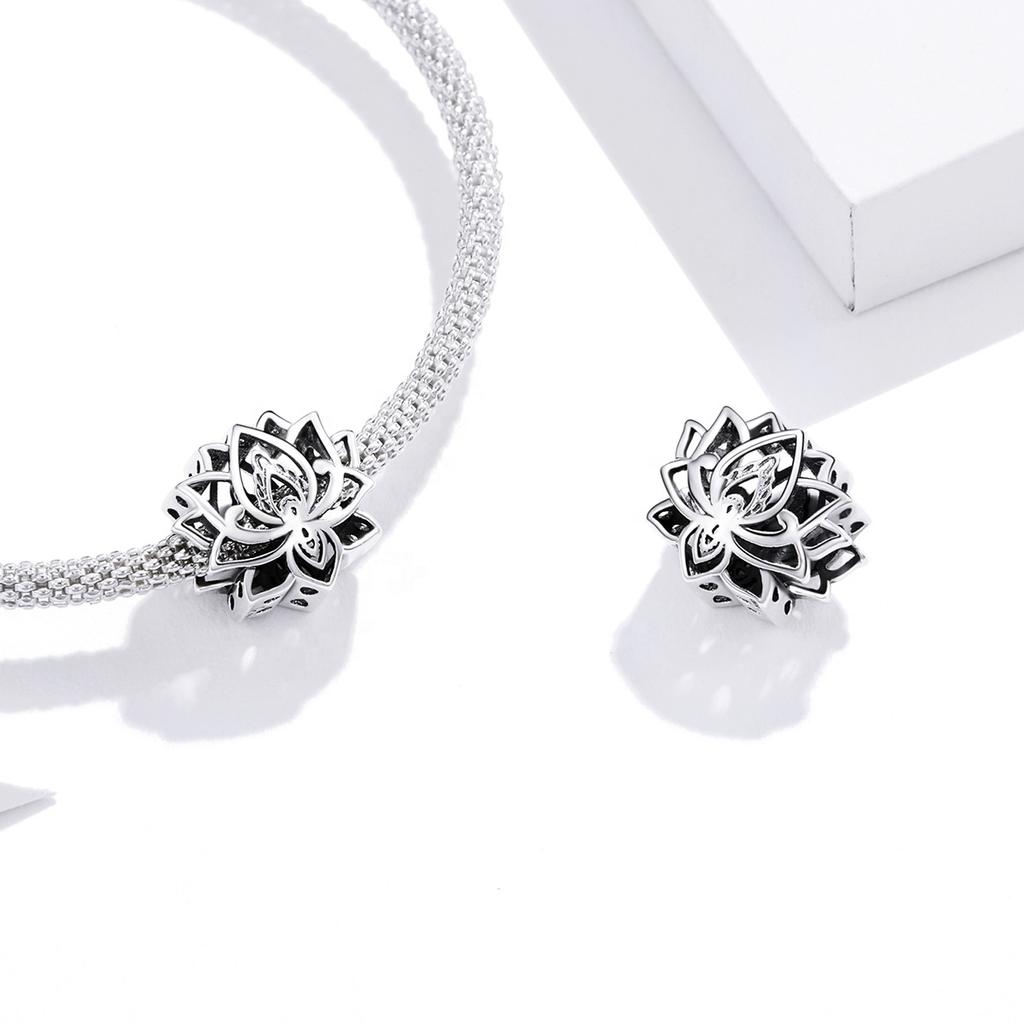 Fashion Sterling Silver Jewelry Charms For Bracelet Fine Jewelry Making Zirconia Vintage Blooming Lotus Rose Pendant Charm Beads