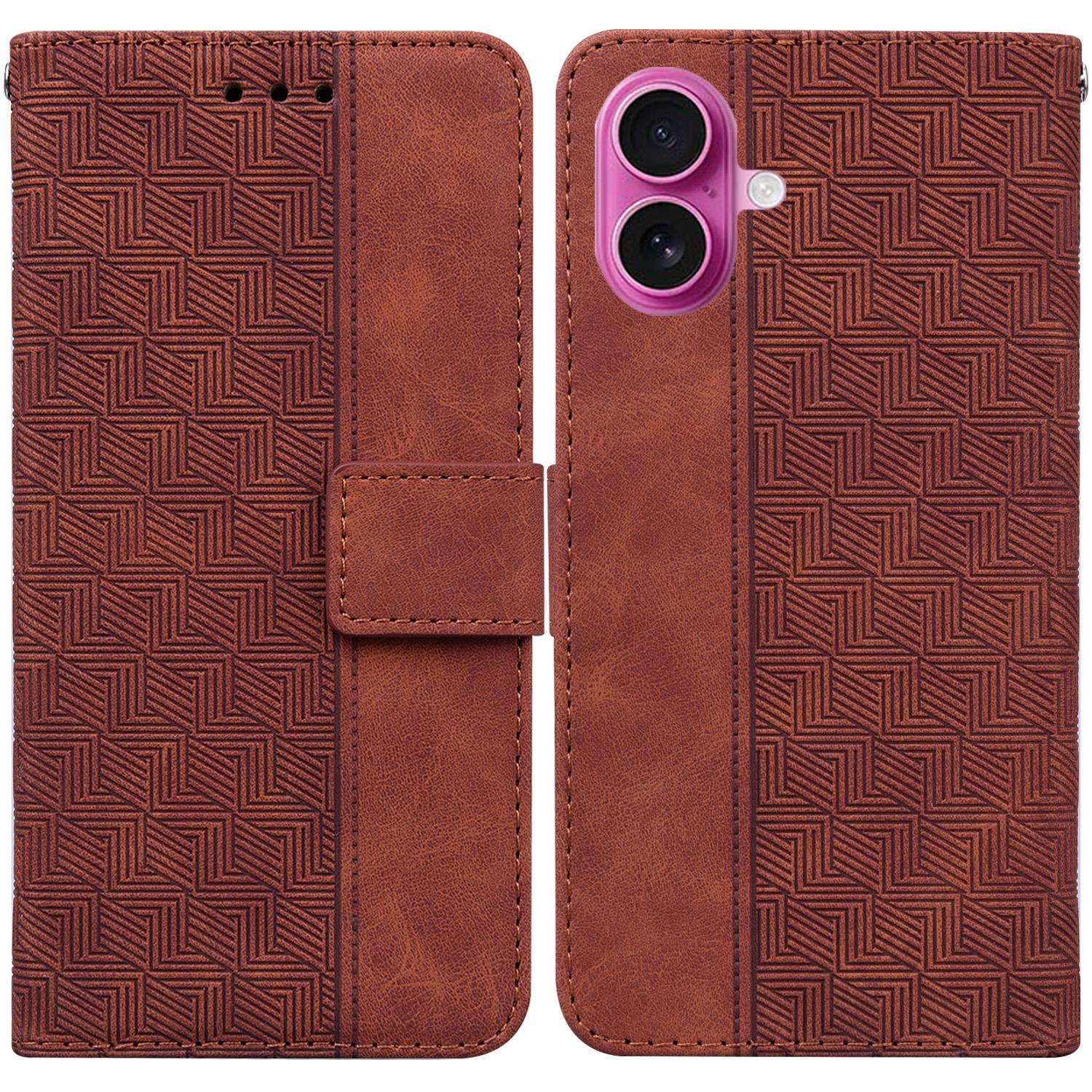 

For iPhone 17 Case Geometry Pattern Leather Wallet Phone Cover with Wrist Strap Brown