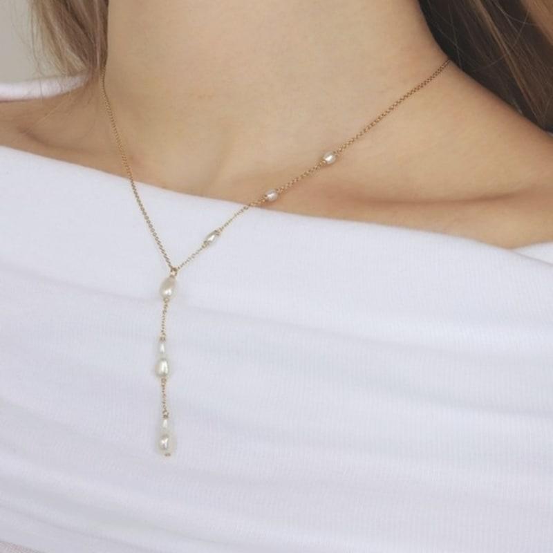ozel Silver925 Dew Drop Natural Water Pearl Station Y Drop Necklace PS155N