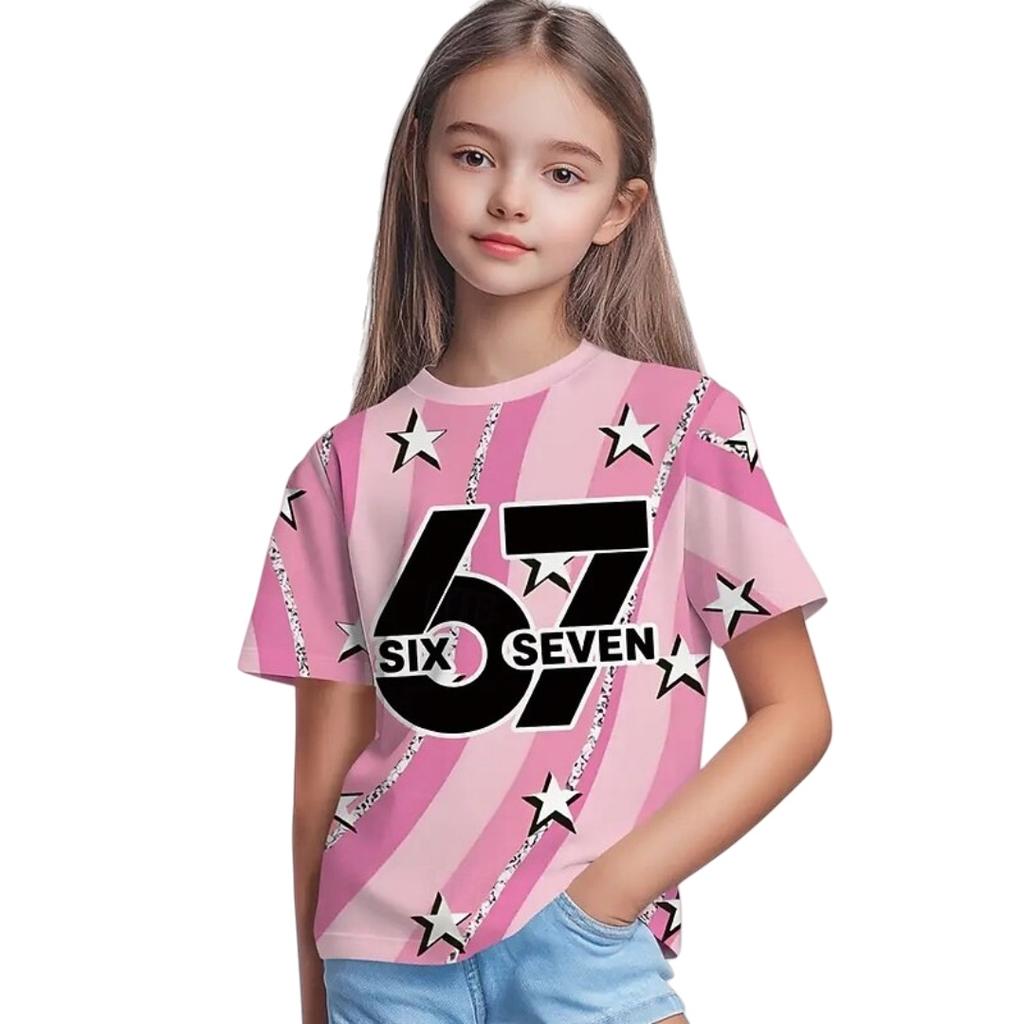 New 67 Meme T-Shirt for Boys Girls Fashion Splashed Ink 3D Print Girl Short Sleeve Tees Round Neck Top Loose Children's Clothing
