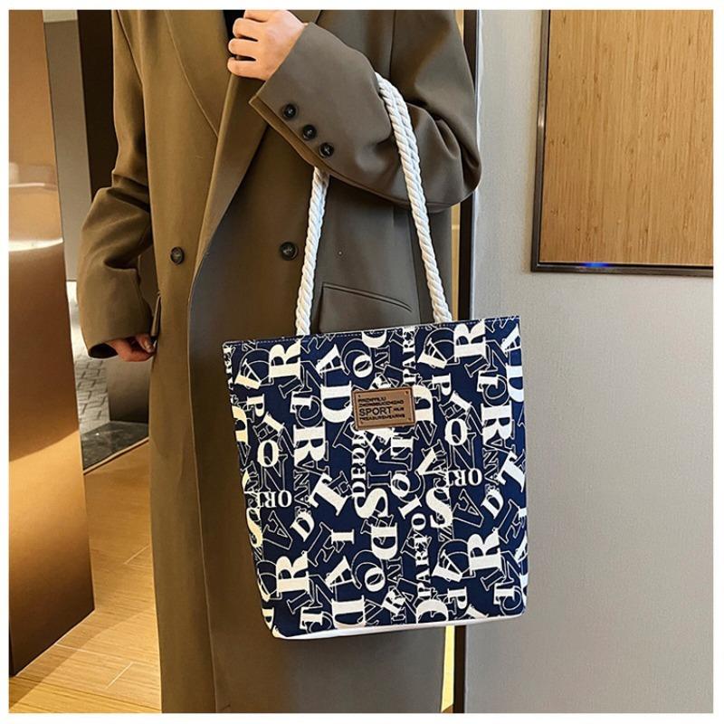 Stylish Large Canvas Tote Bag with Letter Print and Rope Handles for Work and Commute