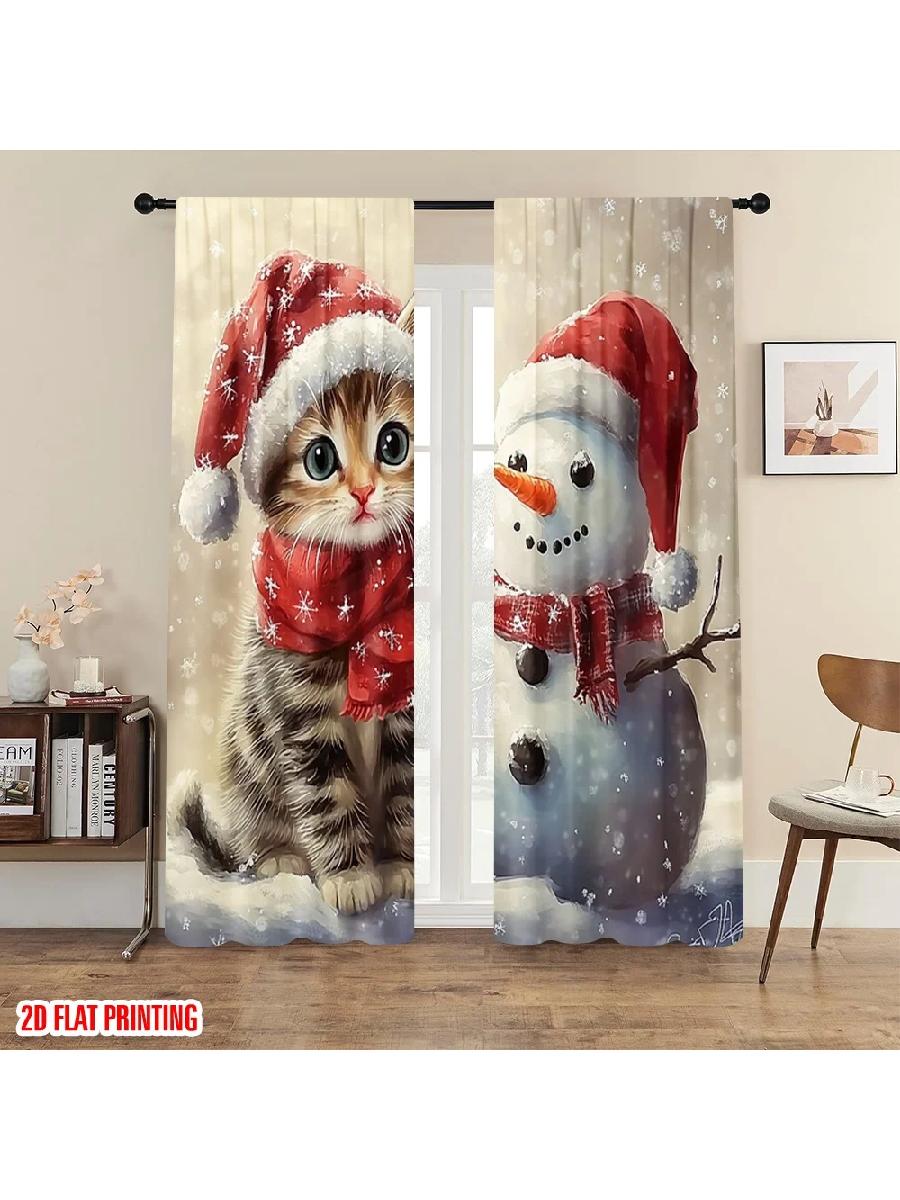 

Semi Sheer Christmas Cat Snowman Printed Curtains Designed Premium Material Perfect Holiday Home Curtain Set Of 2 Made Polyester Washable W100*H70(CM)-Grommet top&1PCS