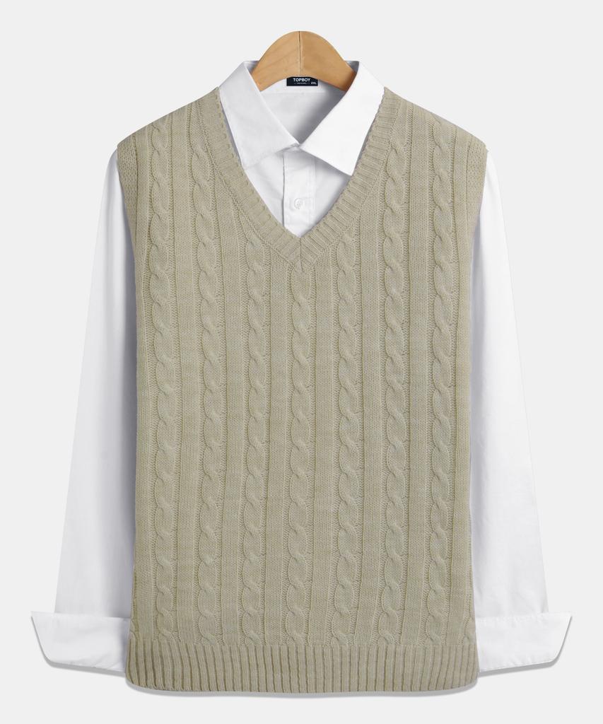 Topboy Regular Fit Cable Knit V-Neck Vest Beige