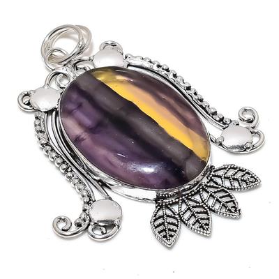 Natural Fluorite Gemstone Handmade 925 Sterling Silver Pendant 3.15" G5j86