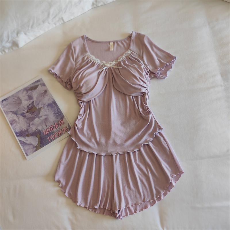 Women's Modal Pajama Set: Summer Short Sleeve & Long Pants with Chest Pad