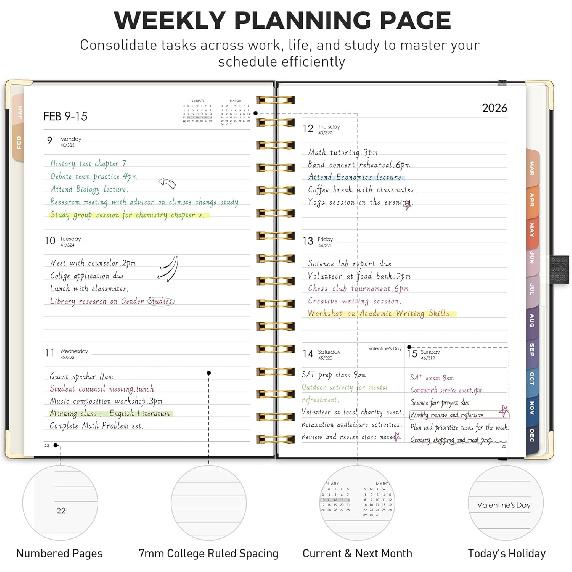 RETTACY 2026 Planner, Weekly and Monthly, Medium Size (5.7" x 8.3"), Jan - Dec 2026, Agenda, Calendar, 12 Month Tabs, Hardcover, 100 GSM Thick Paper,