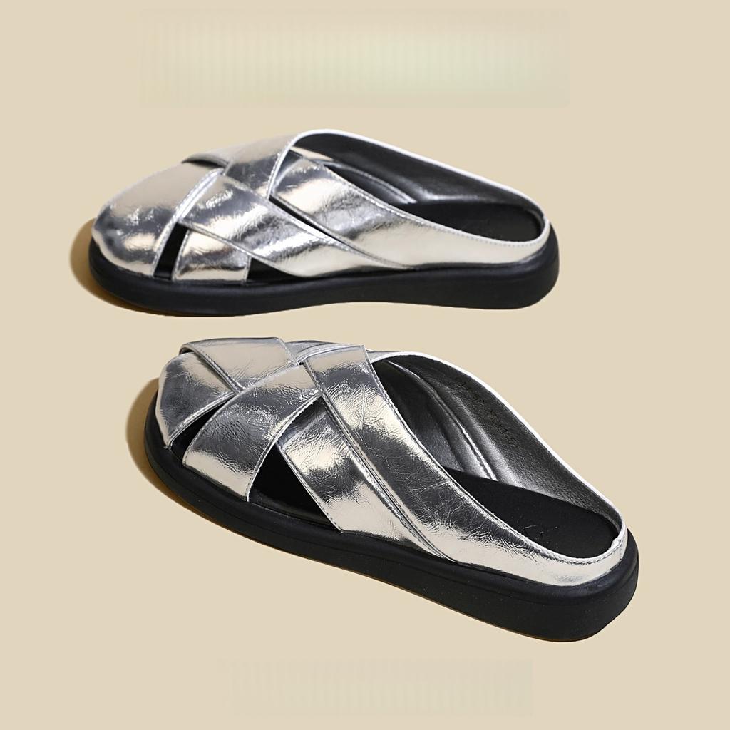 Sommer Gewebte Zehensandalen mit flachem Boden Damen Retro Perforierte Schuhe Lässige Sandalen