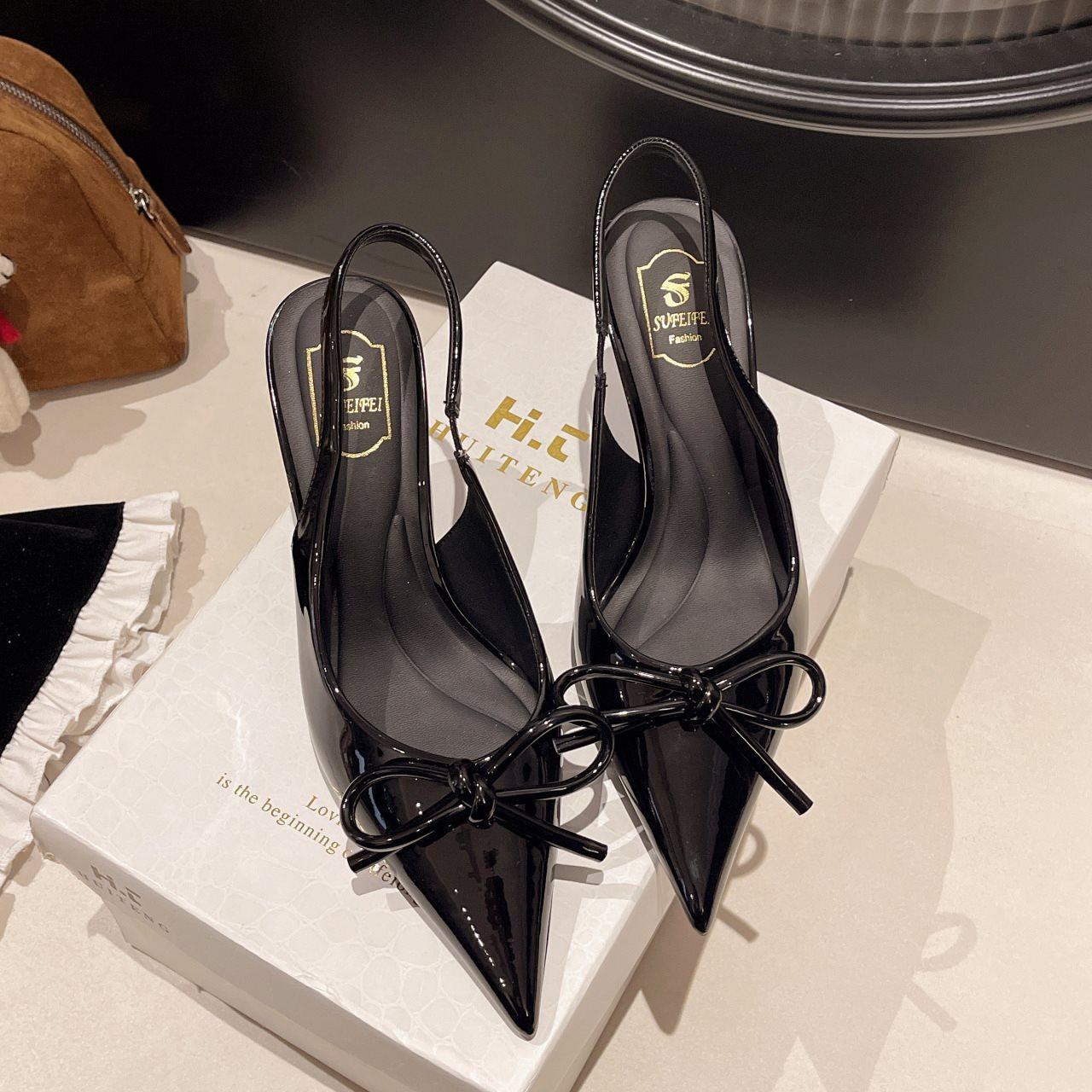 

New bow fashion bag head sandals spring and autumn celebrity temperament high heels pointed empty single shoes women 2025 42 чорний