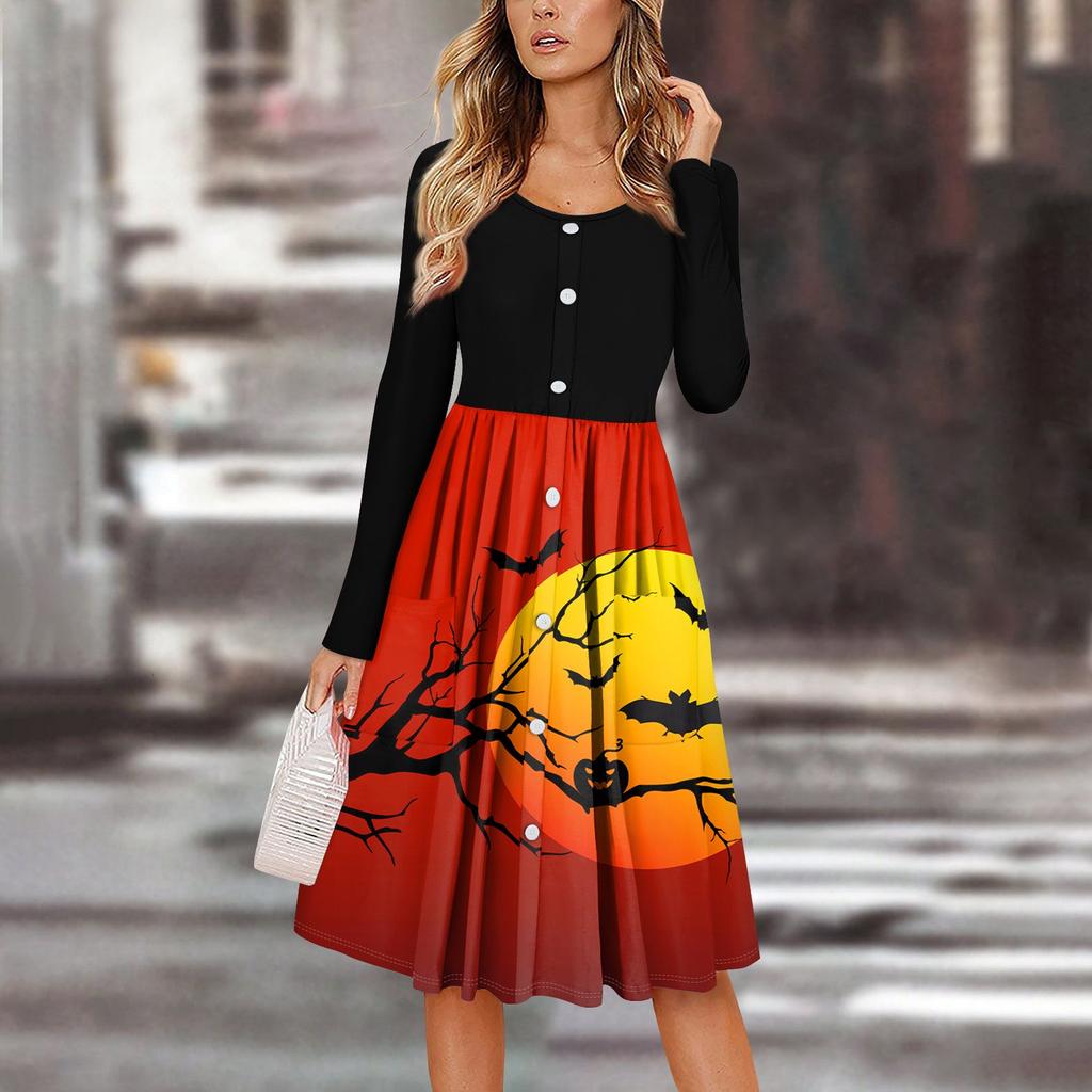 Women's Casual Fashion Sexy Comfortable Sundress Button Long Sleeves With Pockets Halloween Printed Dress