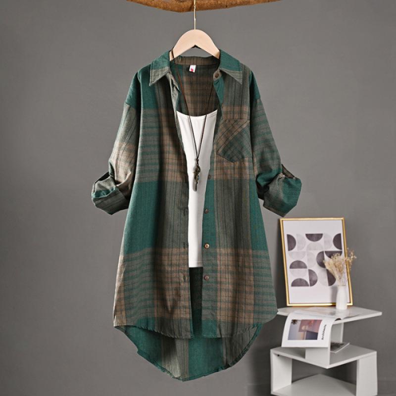 

Retro Plaid Long-Sleeve Cotton-Linen Top: Spring/Autumn Loose-Fit Jacket XXL