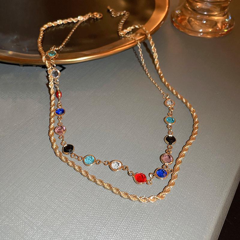 Bohemian Luxury Colorful Crystal Necklace for Women Double Layer Shiny Chain Choker Party Body Statement Jewelry Gifts