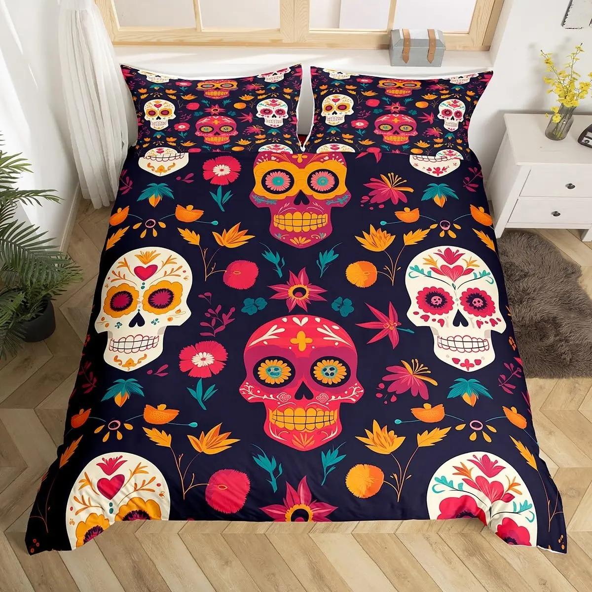 

Comforter Sugar Skull Colorful Vintage Floral Bedding Set Hippie Mexico Style Comforter Gothic Skeleton Comforter (quilt)-EU Single(135*200cm)3pcs