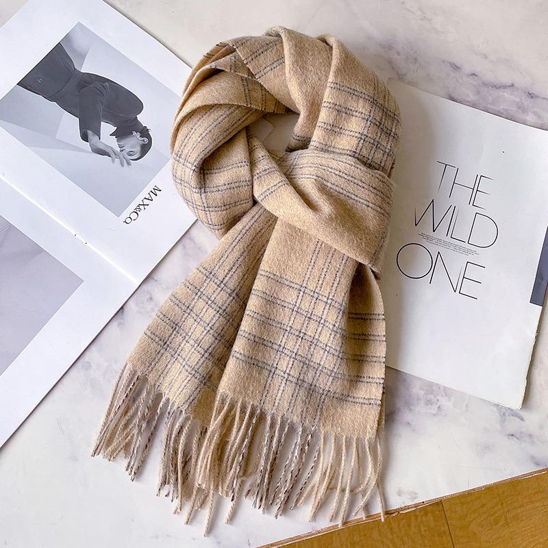 Simple pure wool scarf women's winter new atmosphere plaid warm scarf shawl couple gift