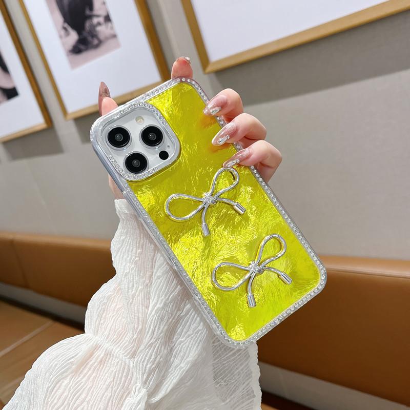 Applicable To IPhone16proMax Laser Feather Bow Mobile Phone Case Apple 15 Flashing Powder Diamond Anti Fall Protection Case